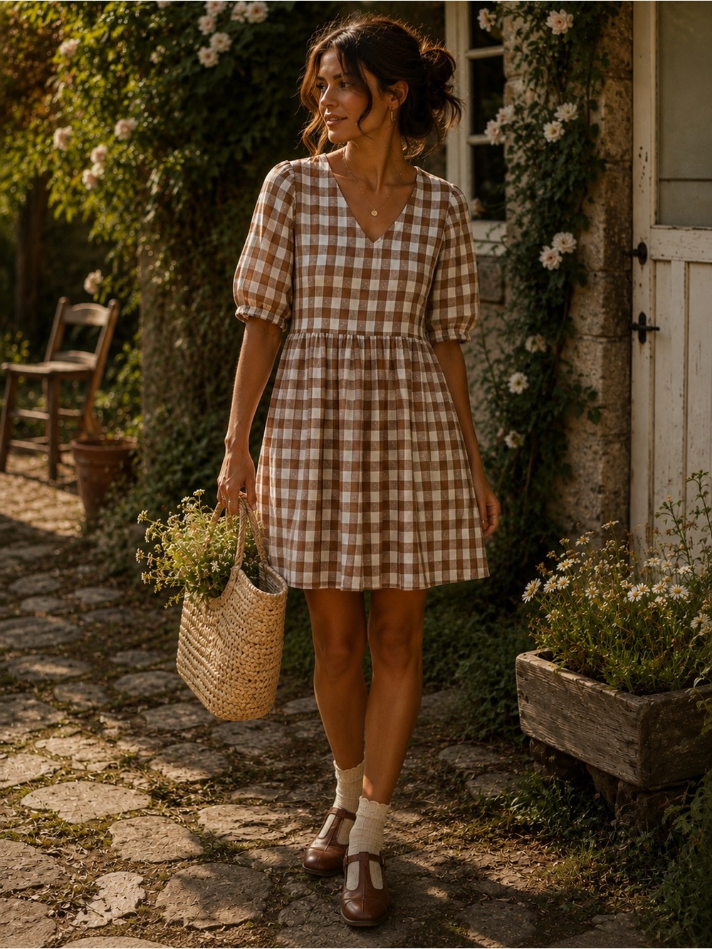 Women’s Brown Gingham Midi Dress with Puff Sleeves Cottagecore